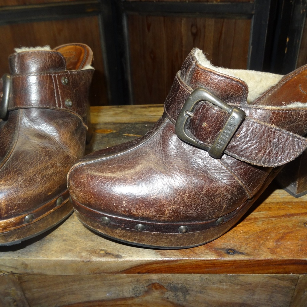 FRYE Belted Brown Leather Mule Wood Heel Clogs